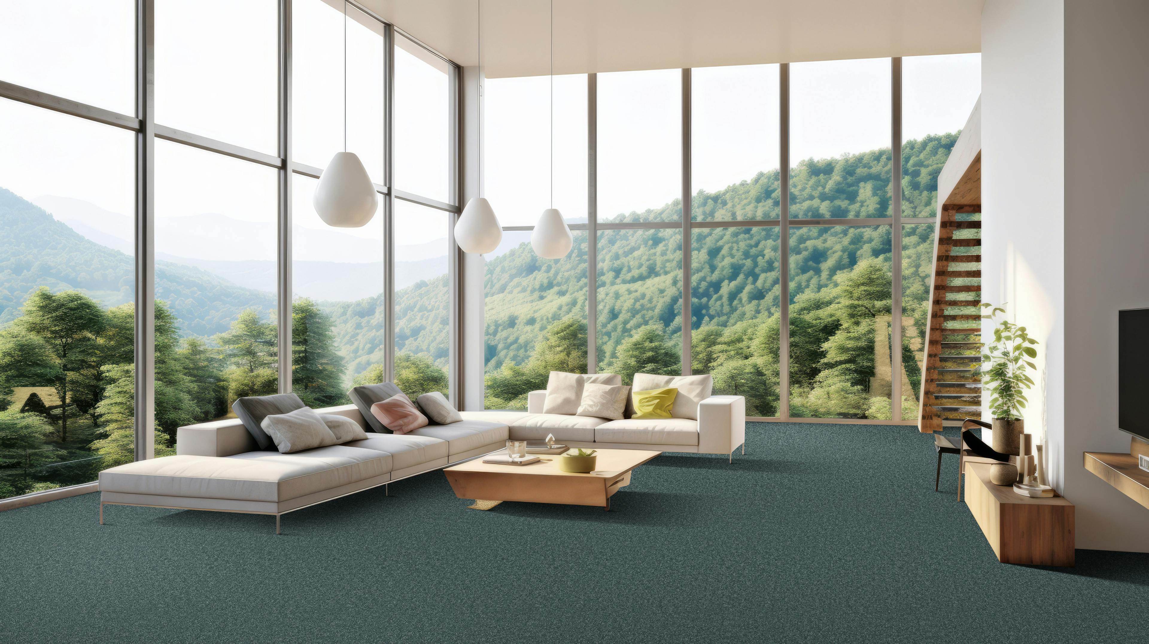 100% recycled Polyester deep pile carpet in living room